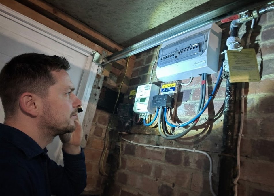 Electrician surveying a consumer unit ahead of an EICR